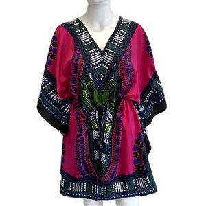 California Woman Aztec Border Patterned Caftan Beach Cover Up Drawstring Waist